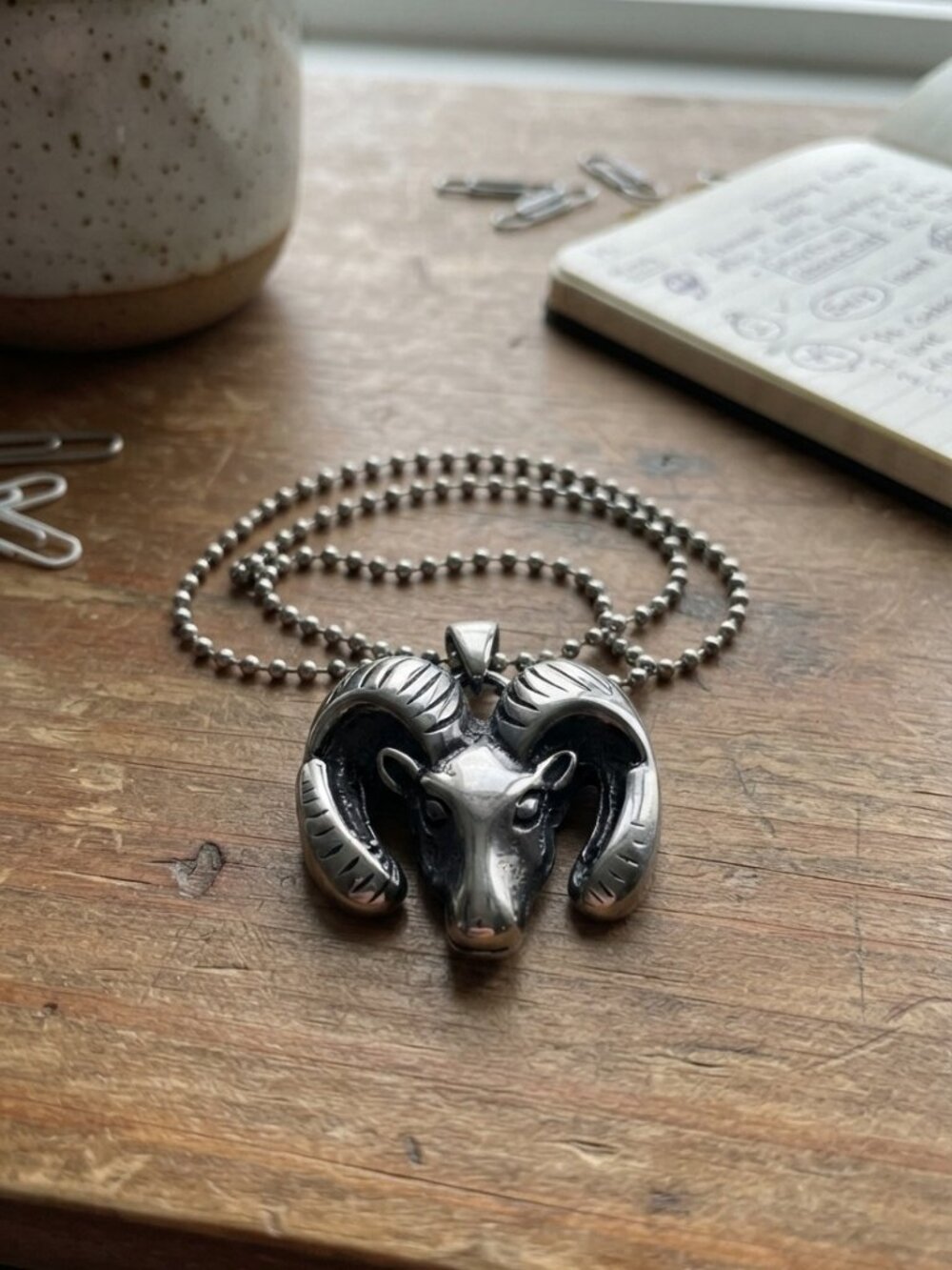 Mens Ram Head Pendant Necklace